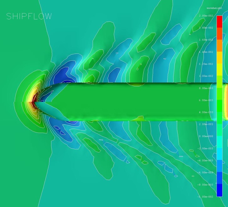 wave pattern comparison of an optimized hull to the original hull